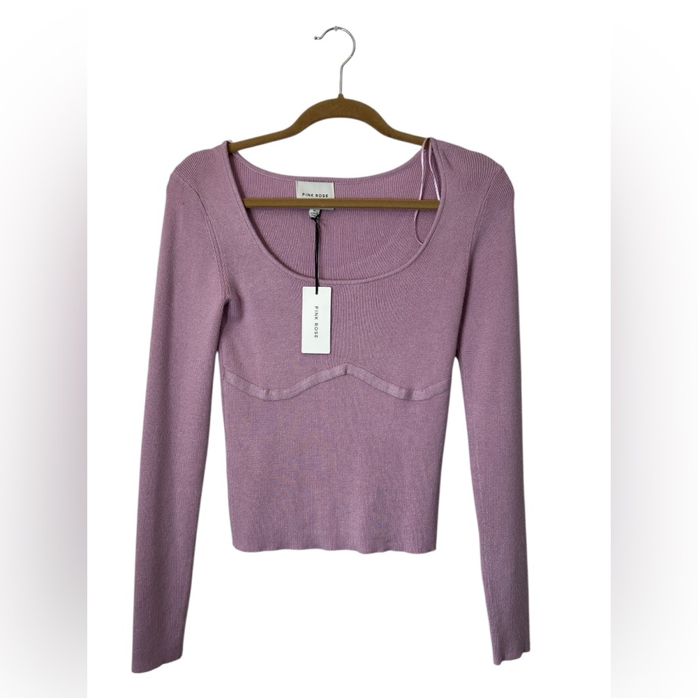 Pink Rose Purple Ribbed Scoop Neck Long Sleeve Top Size M Cute  NEW